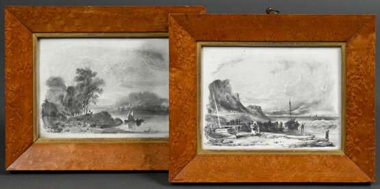 2 Zeichnungen eines unbekannten Künstlers der Englischen Schule "Flusslandschaft (Southampton)" und "Küstenszene" um 1800/1820, Bleistift (Sgraffito), 1x verso undeutl. bez., je ca. 12,8x16,8cm (m.R. … - photo 1