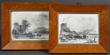 2 Zeichnungen eines unbekannten Künstlers der Englischen Schule &quot;Flusslandschaft (Southampton)&quot; und &quot;Küstenszene&quot; um 1800/1820, Bleistift (Sgraffito), 1x verso undeutl. bez., je ca. 12,8x16,8cm (m.R. …