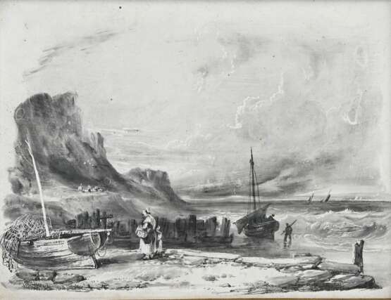 2 Zeichnungen eines unbekannten Künstlers der Englischen Schule "Flusslandschaft (Southampton)" und "Küstenszene" um 1800/1820, Bleistift (Sgraffito), 1x verso undeutl. bez., je ca. 12,8x16,8cm (m.R. … - photo 3