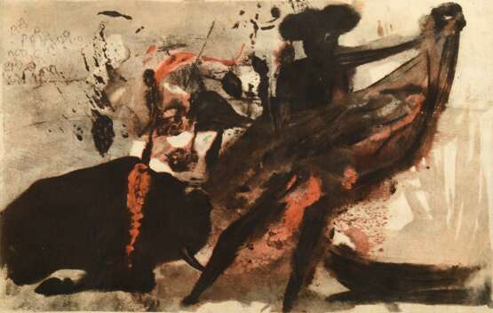 Dali, Salvador (1904-1989) "La Tauromachie Individuelle" 1966, Farbradierung, LIV/C, u. sign./dat., mit Original-Rechnung von Galerie Lochte/ Hamburg, PM 29,2x44cm (m.R. 52,5x68cm), leicht fleckig - Foto 1