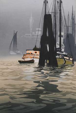 Droege, Oscar (1898-1983) „Schiffe im Hafen“, Farbholzschnitt, u. sign./bez., PM 35,3x23,8cm (m.R. 50x37,5cm), leicht vergilbt - Foto 1