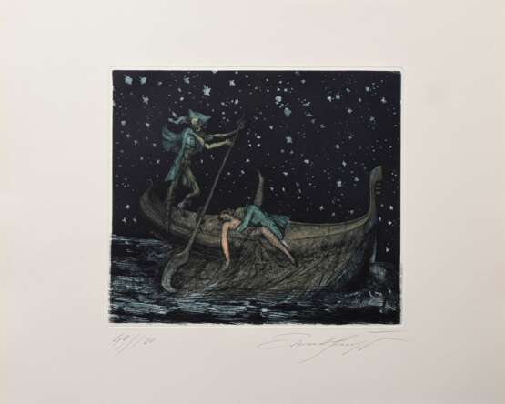 Fuchs, Ernst (1930-2015) "Barkarole" 1977, Farbradierung, 49/100, u. sign./num., aus dem Zyklus "Hoffmanns Erzählungen", freigestellt gerahmt, PM 25,5x29,3cm, BM 40x50cm - photo 2