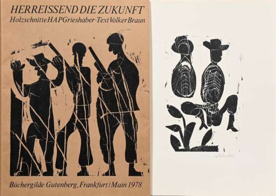 Grieshaber, HAP (1909-1981) Mappe "Herreißend die Zukunft" 1979, 9 Holzschnitte und 1 Doppelblatt mit Einleitung, 142/300, je sign., Büchergilde Gutenberg/ Frankfurt a.M., Text: Volker Braun, Hrsg. Lothar Lang/… - Foto 1