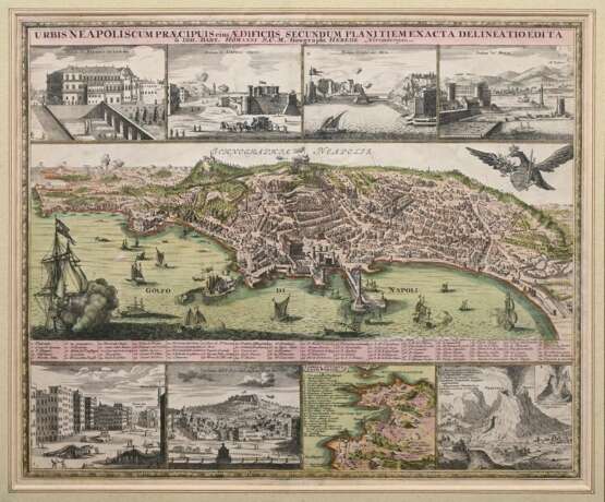 Homann, Johann Baptist (1664-1724) „Urbis Neapoliscum Praecipuis eius Aedificiis Secundum Planitiem Exacta Delineatio…“ (Neapel mit 6 Detailansichten), colorierter Kupferstich, 49,5x58cm (m.R. 69,5x77cm), leichte Alterss… - Foto 1