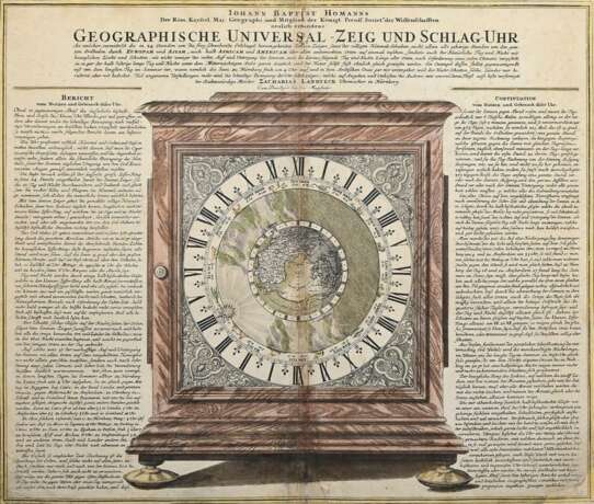 Homann, Johann Baptist (1664-1724) "Geographische Universal-Zeig und Schlag-Uhr", colorierter Kupferstich, PM 49,5x58,5cm (m.R. 55x64cm), Mittelfalz, kleine Defekte - photo 1