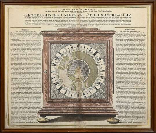 Homann, Johann Baptist (1664-1724) "Geographische Universal-Zeig und Schlag-Uhr", colorierter Kupferstich, PM 49,5x58,5cm (m.R. 55x64cm), Mittelfalz, kleine Defekte - photo 2