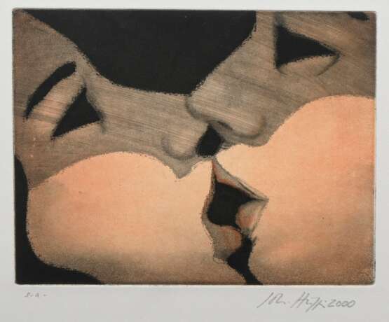 Hüppi, Johannes (*1965) "Küssende" 2000, Farbradierung, e.a., u. sign./dat./bez., PM 14,2x18,2cm (m.R. 61x48cm) - photo 1
