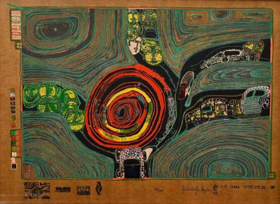 Hundertwasser, Friedensreich (1928-2000) "Kreisverkehr der Straßengekreuzigten" 1971/1972, Blatt 10 (Grün) aus "Look at it on a rainy day (Regentag-Mappe)", Farbserigraphie, 410/3000 und 41/300, u. si… - Foto 1