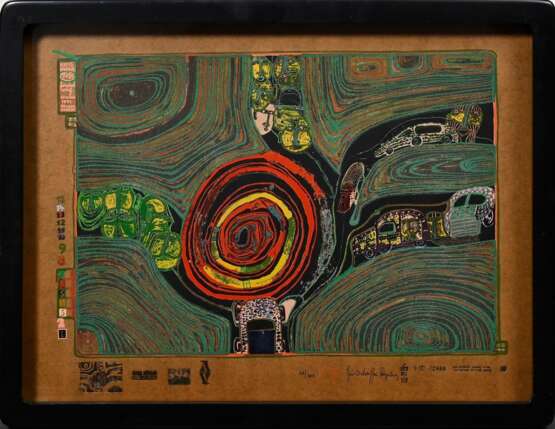 Hundertwasser, Friedensreich (1928-2000) "Kreisverkehr der Straßengekreuzigten" 1971/1972, Blatt 10 (Grün) aus "Look at it on a rainy day (Regentag-Mappe)", Farbserigraphie, 410/3000 und 41/300, u. si… - Foto 2