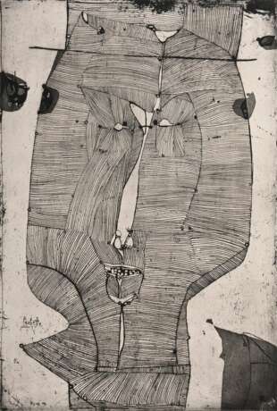 Janssen, Horst (1929-1995) "Paulette" 1957, Radierung, Probe, u. sign./dat./bez./gewidmet, i.d. Platte sign./dat./betit., PM 43,5x29,5cm, BM ca. 76x52,5cm, im u. Bereich fleckig, verso Montagereste, Provenienz:… - photo 1
