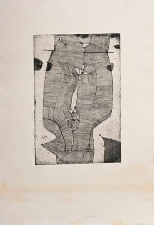 Janssen, Horst (1929-1995) "Paulette" 1957, Radierung, Probe, u. sign./dat./bez./gewidmet, i.d. Platte sign./dat./betit., PM 43,5x29,5cm, BM ca. 76x52,5cm, im u. Bereich fleckig, verso Montagereste, Provenienz:… - photo 2