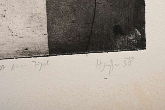Janssen, Horst (1929-1995) "Paulette" 1957, Radierung, Probe, u. sign./dat./bez./gewidmet, i.d. Platte sign./dat./betit., PM 43,5x29,5cm, BM ca. 76x52,5cm, im u. Bereich fleckig, verso Montagereste, Provenienz:… - photo 3