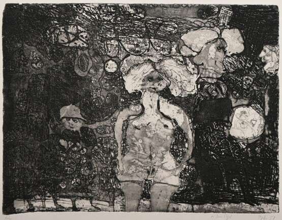 Janssen, Horst (1929-1995) "Gartenparty" 1958, Radierung, Probe, u. sign./dat./bez./gewidmet, PM 28,5x38,5cm, BM 78,5x52cm, im Randbereich leicht fleckig, Provenienz: Nachlass Anne Tügel - photo 1