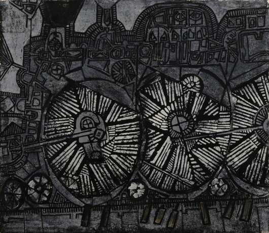 Janssen, Horst (1929-1995) "Lokomotive" 1961, Farbholzschnitt, 6/25, u. sign./dat./num./bez., PM 46,5x53cm, BM 50,2x65cm, im Randbereich herstellungsbedingt leicht fleckig, Provenienz: Nachlass Anne Tügel - photo 1