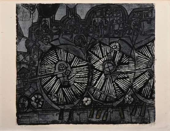 Janssen, Horst (1929-1995) "Lokomotive" 1961, Farbholzschnitt, 6/25, u. sign./dat./num./bez., PM 46,5x53cm, BM 50,2x65cm, im Randbereich herstellungsbedingt leicht fleckig, Provenienz: Nachlass Anne Tügel - photo 2