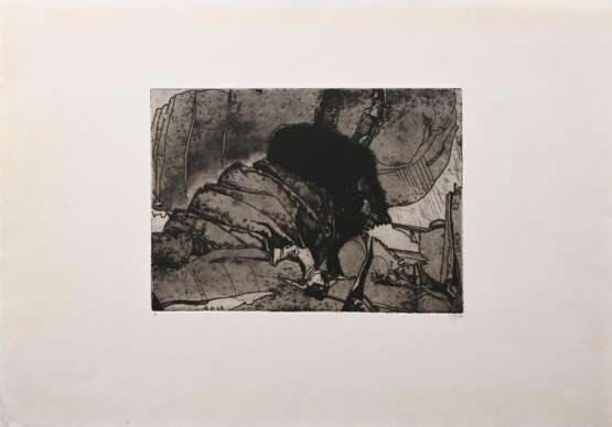 Janssen, Horst (1929-1995) "Bärenjagd nach Hokusai" 1970, Radierung, Probe, u. sign./dat./bez., PM 17,6x24,8cm, BM 34,5x49cm - photo 2