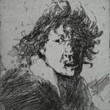 Janssen, Horst (1929-1995) "Selbst (nach Rembrandt)" 1980, Radierung auf blauem Tonpapier, 1/50, u. sign./dat./num., i.d. Platte dat./bez., PM 13,8x12,4cm, BM 30x20,3cm - фото 1