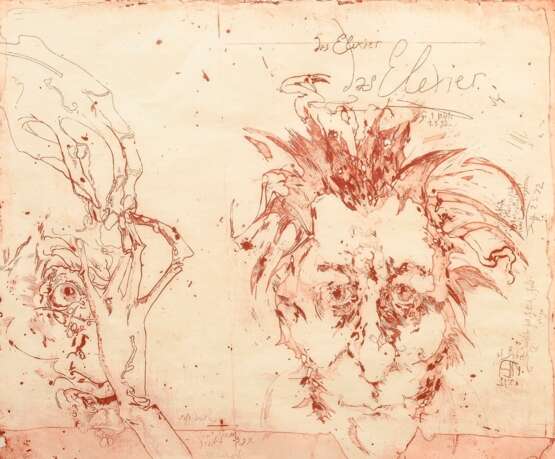 Janssen, Horst (1929-1995) "Das Elixier" 1992, Radierung, 65/100, u. sign./num./dat., i.d. Platte sign./dat./bez., verso Klebeetikett "Galerie Dobler/ Essen", PM 49x59,5cm, BM 56x64,5cm (m.R. 78x86,5c… - photo 1