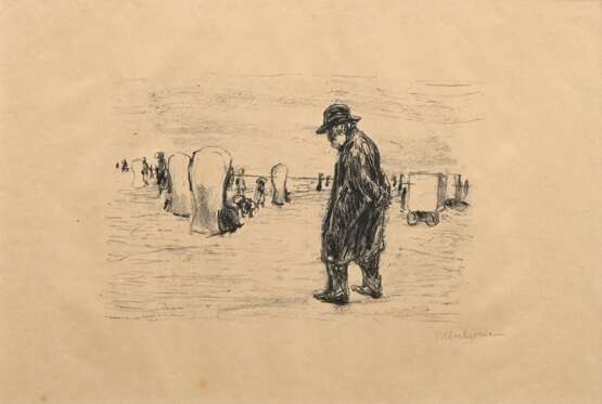 Liebermann, Max (1847-1935) "Jozef Israëls am Strand von Scheveningen" 1912, Lithographie, u.r. sign., u.l. Trockenstempel "Bruno Cassirer", im Passepartout montiert, PM 9,4x13,4cm, BM 25x32cm (m.R. 3… - photo 1