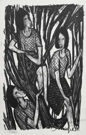 Maetzel, Emil (1877-1955) „Drei Mädchen“ 1945, Lithographie, u.l. sign., u.r. i.d. Platte sign./dat., PM 25,5x29,5cm, BM 55,5x37cm, am Rand knickspurig, Provenienz: direkt vom Künstler erworben, Sammlung Gerhard Schack, … - photo 1