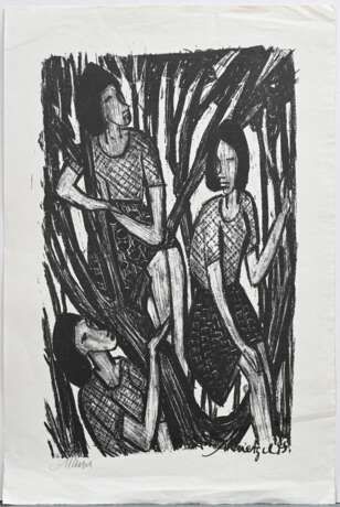 Maetzel, Emil (1877-1955) „Drei Mädchen“ 1945, Lithographie, u.l. sign., u.r. i.d. Platte sign./dat., PM 25,5x29,5cm, BM 55,5x37cm, am Rand knickspurig, Provenienz: direkt vom Künstler erworben, Sammlung Gerhard Schack, … - photo 2