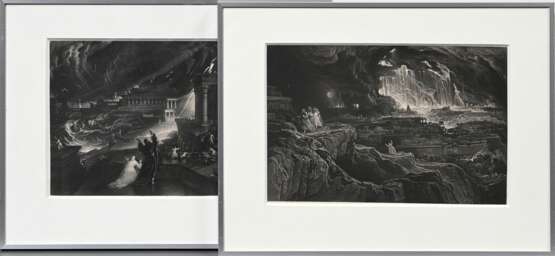 2 Martin, John (1789-1854) "Die Zerstörung von Sodom und Gomorrha" und "7te Plage", Mezzotinto, 1x u. bez., verso je Klebeetikett "Dobiaschofsky", je im Passepartout montiert, 1x auf Papier … - photo 1