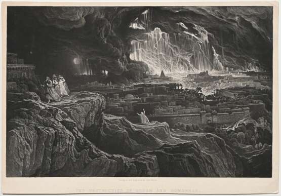 2 Martin, John (1789-1854) "Die Zerstörung von Sodom und Gomorrha" und "7te Plage", Mezzotinto, 1x u. bez., verso je Klebeetikett "Dobiaschofsky", je im Passepartout montiert, 1x auf Papier … - photo 2