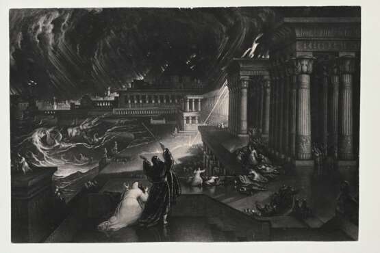 2 Martin, John (1789-1854) "Die Zerstörung von Sodom und Gomorrha" und "7te Plage", Mezzotinto, 1x u. bez., verso je Klebeetikett "Dobiaschofsky", je im Passepartout montiert, 1x auf Papier … - photo 4