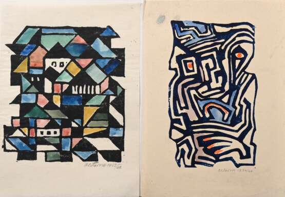 2 Olderock, Max (1895-1972) "Abstrakte Kompositionen" 1956/1955/66, colorierte Linolschnitte, u. sign./dat./betit., BM 26,2x19/26,4x8,7cm, leicht fleckig - photo 1