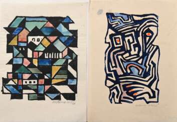 2 Olderock, Max (1895-1972) &quot;Abstrakte Kompositionen&quot; 1956/1955/66, colorierte Linolschnitte, u. sign./dat./betit., BM 26,2x19/26,4x8,7cm, leicht fleckig