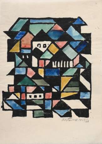 2 Olderock, Max (1895-1972) "Abstrakte Kompositionen" 1956/1955/66, colorierte Linolschnitte, u. sign./dat./betit., BM 26,2x19/26,4x8,7cm, leicht fleckig - photo 2