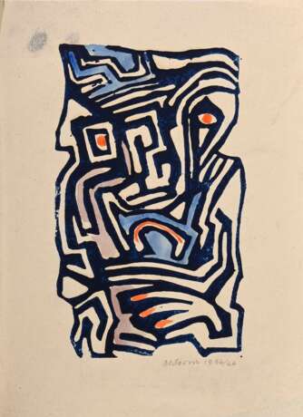 2 Olderock, Max (1895-1972) "Abstrakte Kompositionen" 1956/1955/66, colorierte Linolschnitte, u. sign./dat./betit., BM 26,2x19/26,4x8,7cm, leicht fleckig - photo 3
