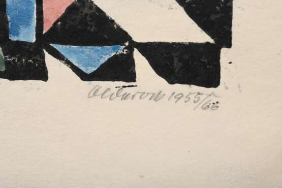 2 Olderock, Max (1895-1972) "Abstrakte Kompositionen" 1956/1955/66, colorierte Linolschnitte, u. sign./dat./betit., BM 26,2x19/26,4x8,7cm, leicht fleckig - photo 4