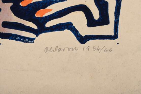 2 Olderock, Max (1895-1972) "Abstrakte Kompositionen" 1956/1955/66, colorierte Linolschnitte, u. sign./dat./betit., BM 26,2x19/26,4x8,7cm, leicht fleckig - photo 5