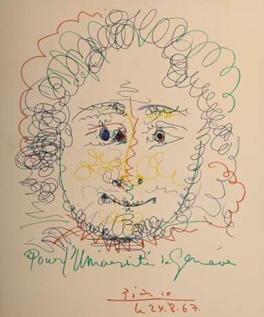 Picasso, Pablo (1881-1973) "Pour l'Université de Genéve" 1967, Farblithographie, i.d. Platte sign./dat./bez., PM 39,8x33,4cm, BM 65,5x48,2cm, verso Montagereste, leichte Altersspuren - фото 1