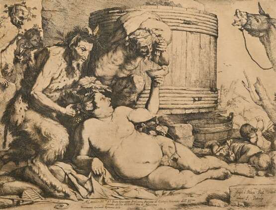 Ribera, Jusepe de (1591-1652) "Der trunkene Silen" 1628, Radierung, u.r. i.d. Platte sign./dat., PM 26,8x34,6cm (m.R. 41,8x49cm), vergilbt, leicht fleckig - photo 1