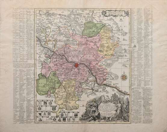 Seutter, Georg Matthäus (1678-1757) „Accuratissima Delineatio Geographica Dioecesis ac Praefecturae Dresdensis (Dresden und Umgebung)“, colorierter Kupferstich, seitlich mit Ortsregister und Zeichenerklärung, freigestel… - photo 1