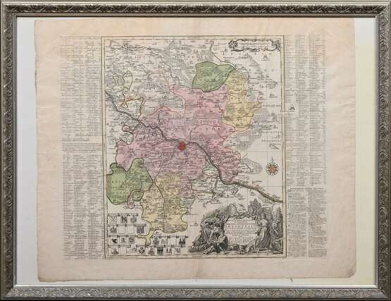 Seutter, Georg Matthäus (1678-1757) „Accuratissima Delineatio Geographica Dioecesis ac Praefecturae Dresdensis (Dresden und Umgebung)“, colorierter Kupferstich, seitlich mit Ortsregister und Zeichenerklärung, freigestel… - photo 2