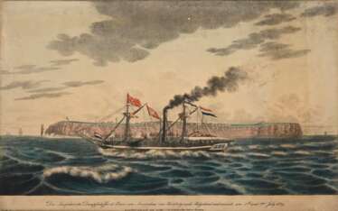 Suhr, Cornelius und Peter (1781/1788-1857) &quot;Die Lustfahrt des Dampfschiffes de Beurs van Amsterdam von Hamburg nach Helgoland und zurück am 1sten und 2ten July 1829&quot;, colorierte Lithographie, u. bez., BM 35x52,…