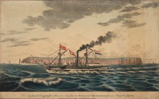 Suhr, Cornelius und Peter (1781/1788-1857) "Die Lustfahrt des Dampfschiffes de Beurs van Amsterdam von Hamburg nach Helgoland und zurück am 1sten und 2ten July 1829", colorierte Lithographie, u. bez., BM 35x52,… - photo 1
