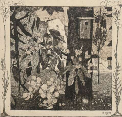 Vogeler, Heinrich (1872-1942) „Frühlingsmorgen“ 1899, Radierung, u.r. i.d. Platte monogr., verso Echtheitszertifikat "Galerie Girschner/ Worpswede", PM 15x15,5cm (m.R. 42,7x38,3cm) - photo 1