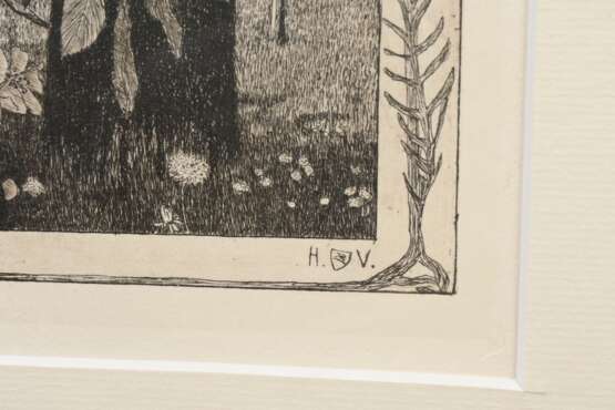 Vogeler, Heinrich (1872-1942) „Frühlingsmorgen“ 1899, Radierung, u.r. i.d. Platte monogr., verso Echtheitszertifikat "Galerie Girschner/ Worpswede", PM 15x15,5cm (m.R. 42,7x38,3cm) - photo 3