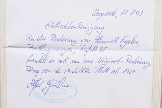 Vogeler, Heinrich (1872-1942) „Frühlingsmorgen“ 1899, Radierung, u.r. i.d. Platte monogr., verso Echtheitszertifikat "Galerie Girschner/ Worpswede", PM 15x15,5cm (m.R. 42,7x38,3cm) - photo 5