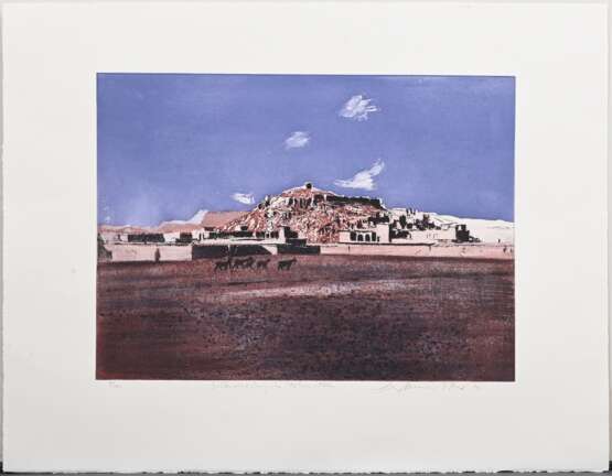 Werkmeister, Wolfgang (*1941) "Berbersiedlung im Hohen Atlas" 1987, Farbradierung, 5/180, u. sign./dat./num./betit., nicht im WVZ, PM 32,8x45cm, BM 49,5x64,5cm - Foto 2