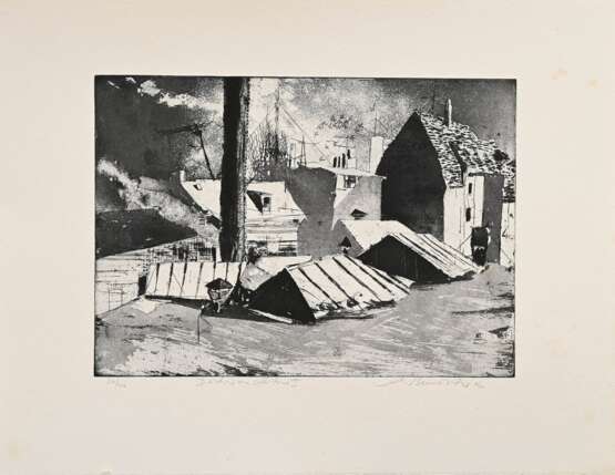 Werkmeister, Wolfgang (*1941) "Dächer von Altona II" 1979, Radierung, e.a., u. sign./dat./bez./betit., WVZ 294, PM 31,4x44,2cm, BM 50x65cm, leicht fleckig - photo 2