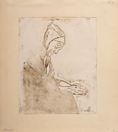 Wohlwill, Gretchen (1878-1962) "Blinde", wohl Linolschnitt, u.r. 2x sign., im Passepartout montiert, BM 44,5x35cm (m.PP. 48x43cm), div. Defekte - Foto 2