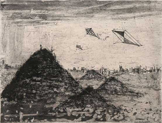 Wunderlich, Paul (1927-2010) "Drachensteigen über die Ruinen" 1952, Radierung, u. sign./dat./gewidmet, PM 29,8x39cm, BM 37,5x51,5cm, min. Altersspuren, Provenienz: Nachlass Anne Tügel - photo 1