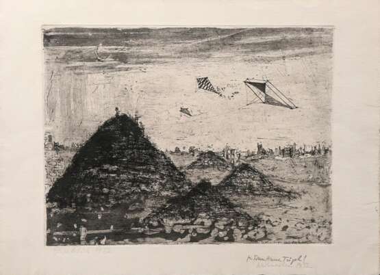 Wunderlich, Paul (1927-2010) "Drachensteigen über die Ruinen" 1952, Radierung, u. sign./dat./gewidmet, PM 29,8x39cm, BM 37,5x51,5cm, min. Altersspuren, Provenienz: Nachlass Anne Tügel - photo 2