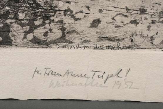 Wunderlich, Paul (1927-2010) "Drachensteigen über die Ruinen" 1952, Radierung, u. sign./dat./gewidmet, PM 29,8x39cm, BM 37,5x51,5cm, min. Altersspuren, Provenienz: Nachlass Anne Tügel - photo 3