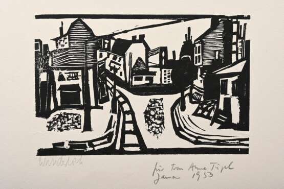 Wunderlich, Paul (1927-2010) "Straßenkreuzung" 1953, Holzschnitt, u. sign./dat./gewidmet, PM 13,5x20,5cm, BM 38,7x53,4cm, min. fleckig, Provenienz: Nachlass Anne Tügel - Foto 1